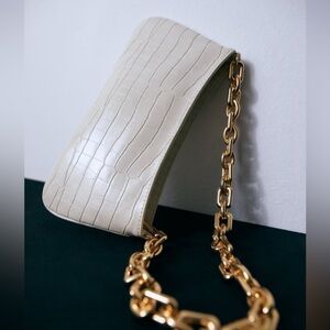 Zara Cream Ivory Faux Croc Bag Wristlet Evening Clutch Gold Chain Bloggers NWT
